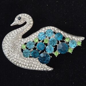Blue and Green Rhinestone Swan Brooch Pin 2.5" x 1.5